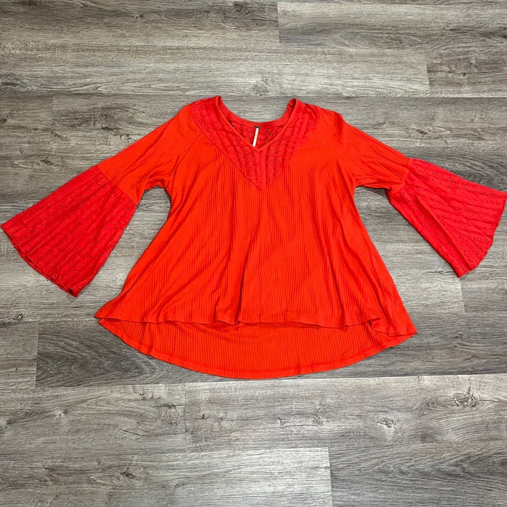 Free People Parisian Night Vermillion Res Top V Neck Bell Sleeves